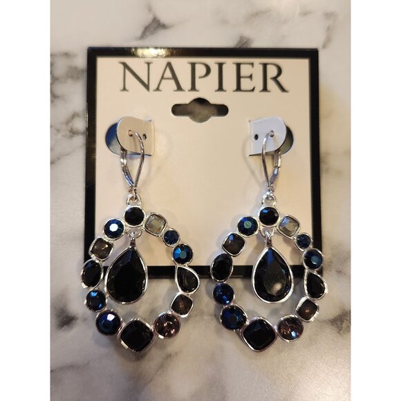 Napier Silver-Tone Blue Stone Drop Earrings - Picture 1 of 5